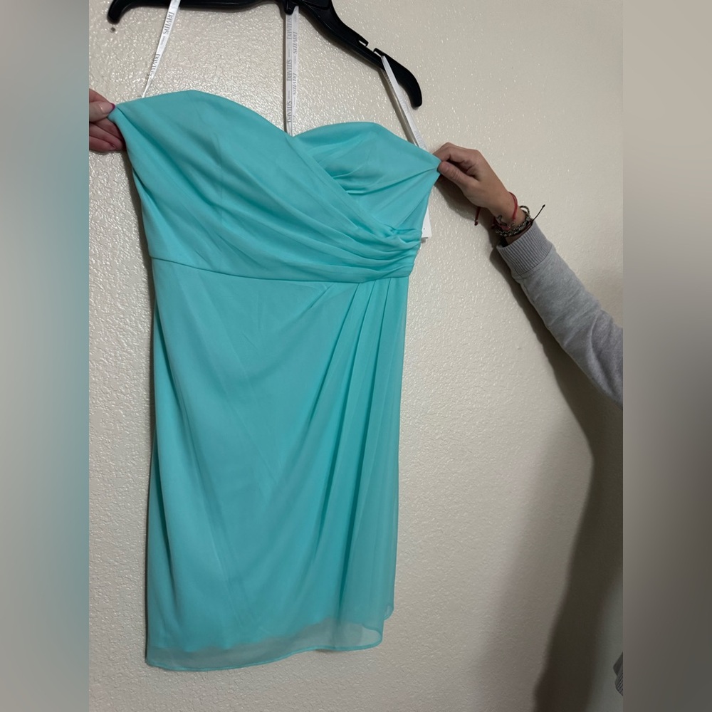 David's Bridal Strapless Aqua Dress